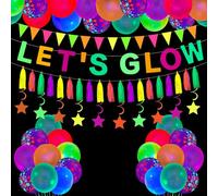 Paquete de 45 suministros de fiesta de neón, pancarta Let's Glow, globos, borlas de papel, bandera triangular, banderines para decoraciones de cumpleaños, brilla en la oscuridad