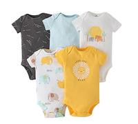Paquete de 5 Bebé Body Pelele para Niños y Niñas Algodón Bebé Manga Corta Mono Verano Mameluco Ropa Elefante 3-6 Meses