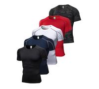Paquete de 5 camisetas de compresión de manga corta para hombre, camuflaje, secado fresco, deportes, entrenamiento, capa base, camiseta interior, 5p:negro+blanco+azul marino+rojo+camogreen, Medium