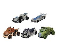 Paquete de 5 coches de juguete Hot Wheels Jurassic World Dominion a escala 1:64: Beta Giganotosaurus, T-Rex, Triceratops y Velociraptor