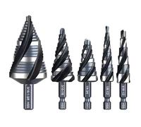 Paquete de 5 divisiones de taladro escalonado Rapid Steel Royal con 4 flautas para una ejecución eficiente de perforación en múltiples medidas y divisiones escalonadas de materiales