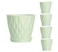 Paquete de 5 macetas de 6 pulgadas con patrón de ondas con agujeros de drenaje y platillos, material de polipropileno grueso para interiores y exteriores, jardín (verde claro)