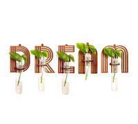 Paquete de 5 macetas de propagación de pared con letras, tubos de ensayo, decoración de pared para plantas colgantes, jarrón de agua transparente, madera marrón, alfabeto, arte funcional, juego