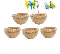 Paquete de 5 nidos de bambú para pájaros, casa de jaula de pájaros natural tejida a mano, bandejas de nido de canario, cueva de cría con gancho para loro, canario o cacatúa u otros pájaros (5 piezas)