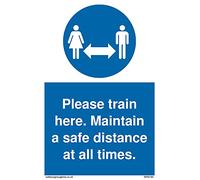 Paquete de 5 - Por favor entrena aquí. Mantener una distancia segura en todo momento. Señal - 100 x 150 mm - A6P