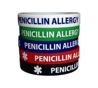 Paquete de 5 pulseras de silicona para alergia a la penicilina, pulseras médicas de identificación, tamaño adulto de 7.8 pulgadas, pulsera para hombres y mujeres, L, Silicona, No es una piedra
