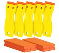 Paquete de 5 raspadores de cuchillas de afeitar de plástico y 200 cuchillas, herramienta para quitar etiquetas, sin arañazos, removedor de adhesivo para calcomanías, juntas y pinturas en ventanas de