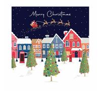Paquete de 5 tarjetas de Navidad con temática de Papá Noel y Feliz Año Nuevo con sobres, 14 x 14 cm, ecológicas y reciclables (Santa Sleigh over Town)
