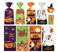 Paquete de 50 bolsas de regalo de Halloween, bolsas de plástico para Halloween, bolsa de dulces de Halloween, bolsas de celofán con lazos giratorios para niños, fiesta de Halloween, suministros de