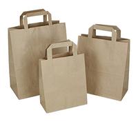 Paquete de 50 bolsas, tamaño mediano, 260 x 140 x 300 mm, bolsas SOS, 26 x 14 x 30 cm, mango plano, papel kraft para regalo, bolsa de almuerzo, bolsa para llevar, 50, M (260 x 140 x 300 mm)