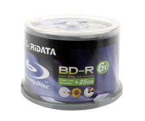 Paquete de 50 discos Blu-ray blancos imprimibles con inyecci n de tinta Ridata BD-R 6X de 25 GB