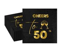 Paquete de 50 servilletas de 50 cumpleaños, servilletas de cóctel para cumpleaños, aniversario, boda, elegantes decoraciones de fiesta en negro y dorado (50 años)