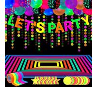 Paquete de 52 suministros de fiesta de neón, decoraciones brillantes, juego de decoración reactiva de luz negra con pancarta fluorescente, guirnaldas de luz negra, globos que brillan en la oscuridad
