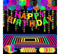 Paquete de 52 suministros de fiesta de neón, juego de decoraciones brillantes con artículos reactivos de luz negra, pancarta fluorescente, guirnaldas de luz negra, globos que brillan en la oscuridad