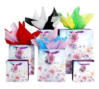 Paquete de 6 bolsas de regalo de papel en relieve con patrón de flores moradas con asas, bolsas de papel surtidas con 8 piezas de papel de seda para niñas/mujeres, baby shower, celebraciones,
