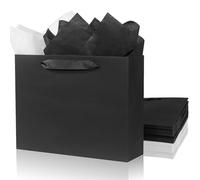 Paquete de 6 Bolsas de Regalo Negras 26.5x10x20.5cm con Papel de Pañuelo, Bolsas de la Compra con Asas de Cinta, Set de Envoltorio para Todas las Ocasiones