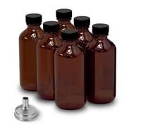 Paquete de 6 botellas de vidrio ámbar de 2 onzas para extracto de vainilla, tarros de vidrio marrón redondos Boston a prueba de fugas con tapas, embudo adicional, ideal para extractos caseros, aceites