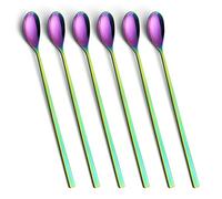 Paquete de 6 cucharas de café con leche de mango largo de acero inoxidable para mezclar helado, ideal para café helado, té helado, batido de leche, helado, sundeas(color del arcoiris)