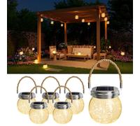 Paquete de 6 faroles de bola de vidrio agrietado alimentados por energía solar para exteriores, impermeables, luces colgantes transparentes para jardín, césped, patio, porche, encendido/apagado