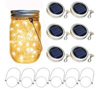 Paquete de 6 luces solares de tarro de masón, 30 luces LED solares para exteriores, luciérnagas, tapa de farol con ganchos, luces de hadas para patio, jardín, patio, árbol (solo tapa)