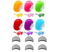 Paquete de 6 pelucas coloridas, 12 pulgadas rectas con flequillo plano, pelucas de fiesta coloridas con gafas de sol en forma de corazón sin bordes, para mujeres, niñas, cosplay, fiesta, día festivo