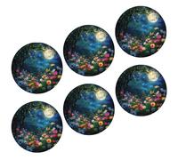 Paquete de 6 posavasos de flores, cielo nocturno, árbol, luna, paisaje, hojas, floral, bosque, azul, verde, cuero, proteger muebles, decoración del hogar, hotel, dormitorio, escritorio al aire libre