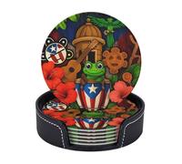 Paquete de 6 Posavasos Divertidos de Cuero de Puerto Rico con Soporte. Posavasos Resistentes al Calor para café, Vino, Cocina, Oficina, Bar y decoración de Mesa.