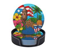 Paquete de 6 Posavasos Divertidos de Cuero de Puerto Rico con Soporte. Posavasos Resistentes al Calor para café, Vino, Cocina, Oficina, Bar y decoración de Mesa.