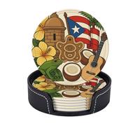 Paquete de 6 Posavasos Divertidos de Cuero de Puerto Rico con Soporte. Posavasos Resistentes al Calor para café, Vino, Cocina, Oficina, Bar y decoración de Mesa.