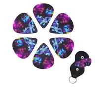 Paquete de 6 púas de guitarra de celuloide de diferentes grosores con soporte para púas de guitarra, con diseño de mariposa y flores azules y moradas, para guitarra acústica, eléctrica y bajo