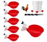 Paquete de 6 tazas de agua de pollo y una broca dedicada, kit de comedero automático de agua para pollitos, ganso, pavo, conejo y pájaro, fácil instalación