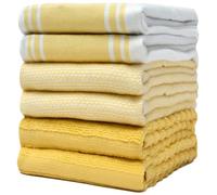 Paquete de 6 toallas de cocina de primera calidad, toallas de mano grandes de algodón, suaves y absorbentes, con lazo para colgar, toalla de rizo plana a rayas vintage, color amarillo (50 x 70 cm)