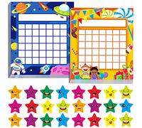 Paquete de 66 tablas de recompensas de incentivos para maestros con pegatinas de estrellas 2024, 2 temas de exploración espacial y fiesta de dulces