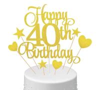 Paquete de 7 Topper de Tarta Happy 40th Birthday con Picos de Cupcake Corazón y Estrella, Oro Brillante, Decoración Personalizada