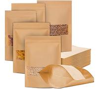 Paquete de 75 bolsas Kraft Stand Up Bolsas - Bolsa Kraft marrón resellable con ventana transparente - Café, aperitivos, dulces contenedores - Papel y plástico de grado alimenticio (17x24cm)