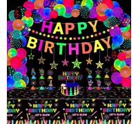 Paquete de 80 Artículos Para Fiestas de Neón Luminoso Decoraciones Luminosas Para Fiestas Set de Decoración Reactiva a la Luz Negra - Banderola, Guirnalda, Estrellas Colgantes, Globos, Mantel de Neón