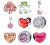 Paquete de 9 cuentas espaciadoras plateadas para pulsera Pandora, mariposa rosa, circonita cúbica, juego de colgantes esmaltados, corona de corazón rosa, feliz cumpleaños