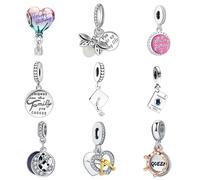 Paquete de 9 cuentas espaciadoras plateadas para pulseras Pandora, juego de colgantes de circonita cúbica con forma de corazón, feliz cumpleaños, suerte