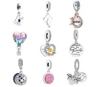 Paquete de 9 cuentas espaciadoras plateadas para pulseras Pandora, juego de colgantes de circonita cúbica, corazón, feliz cumpleaños, familia