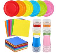 Paquete de 90 platos de papel coloridos para fiestas, vasos, servilletas, juego de vajilla de fiesta multicolor, platos de cena, servilletas de cóctel de 250 ml, vasos de papel para bricolaje