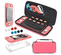 Paquete de accesorios compatibles con Nintendo Switch Lite Funda de transporte y funda protectora de TPU, fundas de agarre para el pulgar y protector de pantalla, color coral