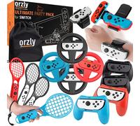 Paquete de accesorios de fiesta Orzly para Nintendo Switch Console con controladores y ruedas de carreras, bandas de baile, raquetas de tenis -16 accesorios para fiestas y bolsa de transporte