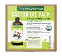 Paquete de aceite de ricino para desintoxicación del hígado, kit completo de 8 piezas. Incluye botella de vidrio de 16 onzas de aceite de ricino orgánico, compresa de aceite de ricino fácil de usar