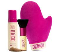 Paquete de bronceado Coco & Eve Sunny Honey Bali (medio). Espuma bronceadora natural sin sol. Loción autobronceadora instantánea con bronceador, guante aplicador y cepillo Kabuki.