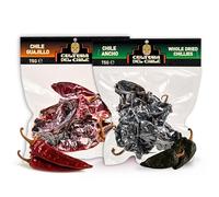 Paquete de chile seco entero mexicano. Guajillo 75 g y ancho 75 g (150 g en total) - Todo natural, calor suave a medio para un auténtico sabor mexicano. Ideal para tacos Birria, mole, tamales y salsa