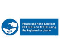 Paquete de cinco - Por favor, usa desinfectante de manos antes y después de usar el teclado o el letrero del teléfono, 150 x 50 mm, L15