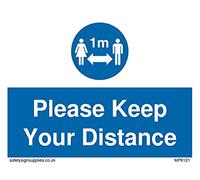 Paquete de cinco signos de distancia social con símbolo de 1 m con Please keep your distance - 100 x 75 mm - A7L