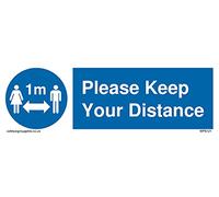 Paquete de cinco signos de distancia social con símbolo de 1 m con Please keep your distance - 150 x 50 mm - L15