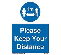 Paquete de cinco signos de distancia social con símbolo de 1 m con Please keep your distance - 75 x 100 mm - A7P