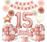 Paquete de decoración para fiesta de 15 años, decoración rosa y dorado para chica de 15 años, decoración de cumpleaños número 15, globos de cumpleaños número 15, feliz cumpleaños, guirnalda de globos